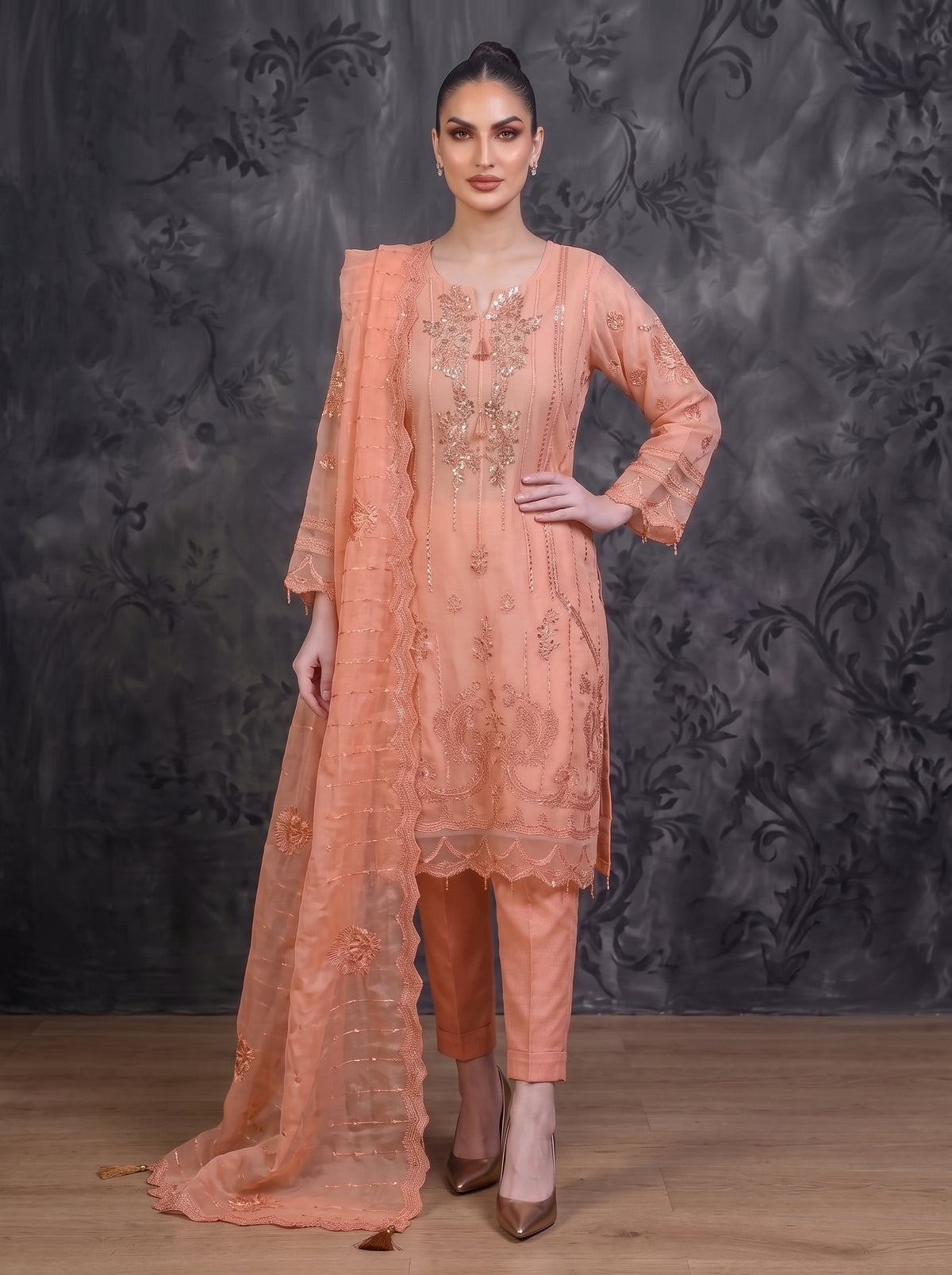 Rosé Élan — Luxury Embroidered Chiffon 3-Piece