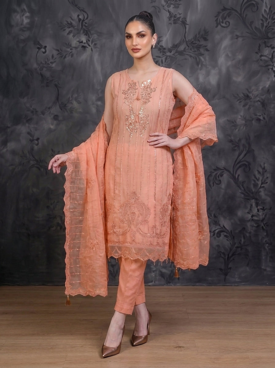 Rosé Élan — Luxury Embroidered Chiffon 3-Piece