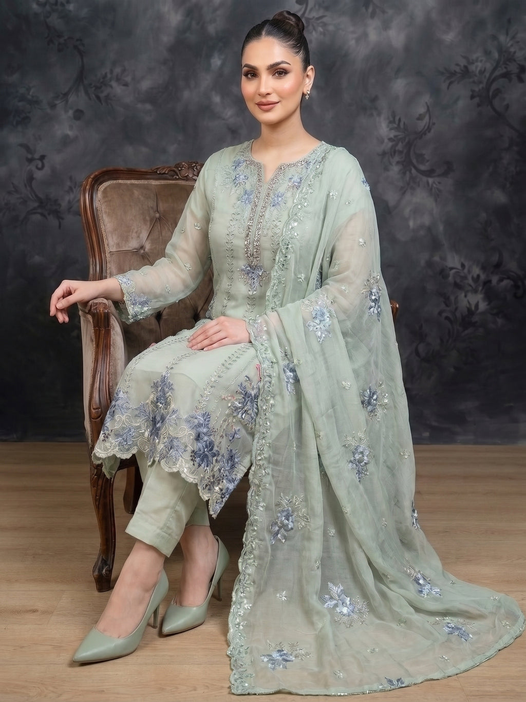AURELIA — Celestial Embroidered Chiffon 3-Piece Ensemble