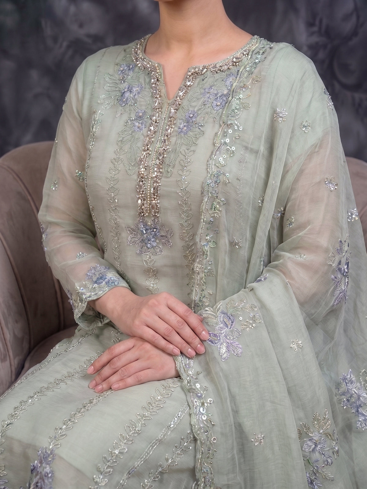 AURELIA — Celestial Embroidered Chiffon 3-Piece Ensemble