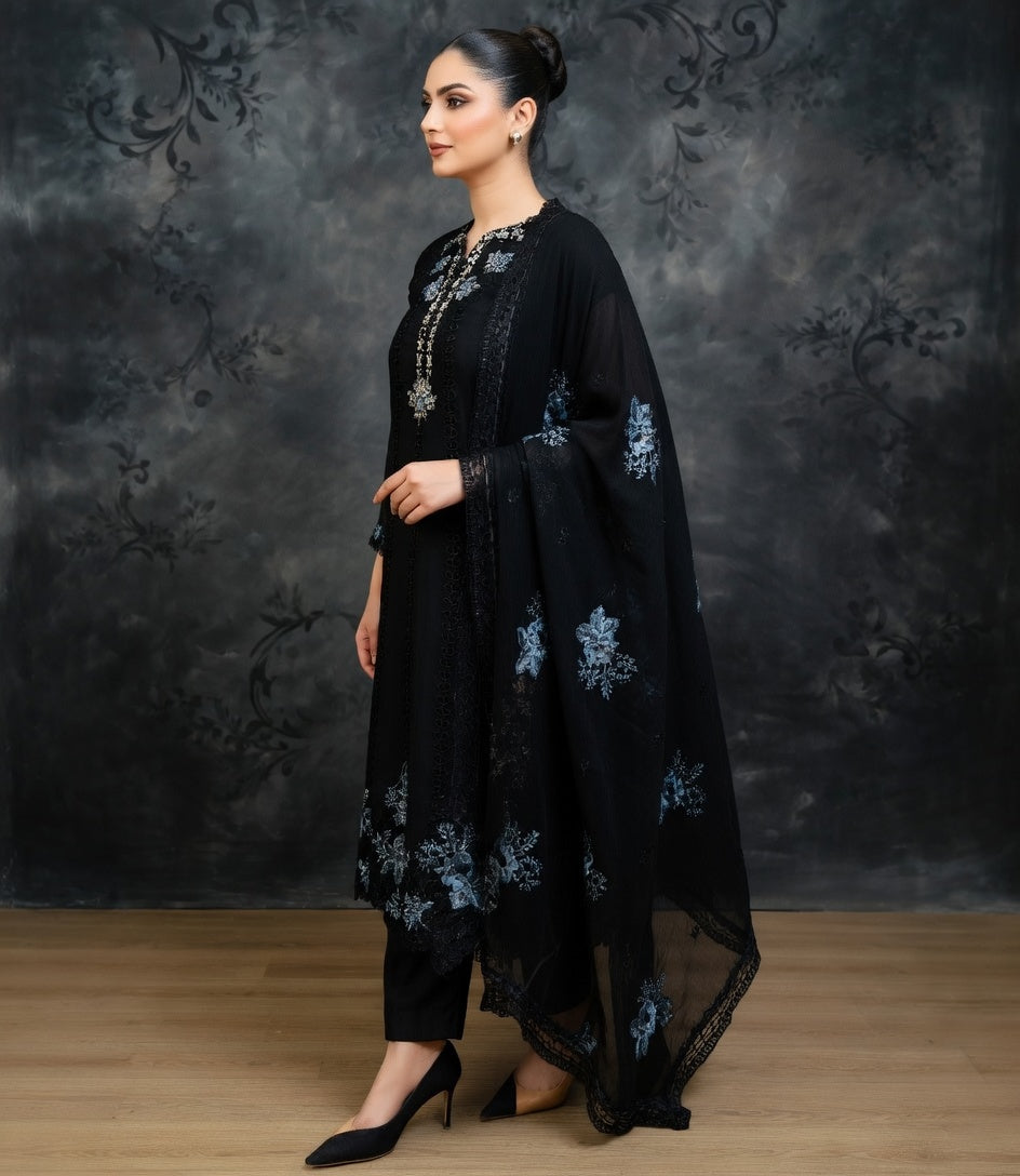 Midnight Royale Black — Luxury Chiffon Embroidered 3-Piece Suit