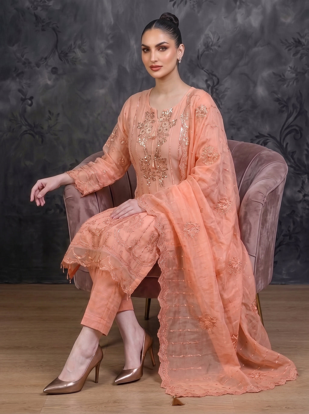 Rosé Élan — Luxury Embroidered Chiffon 3-Piece