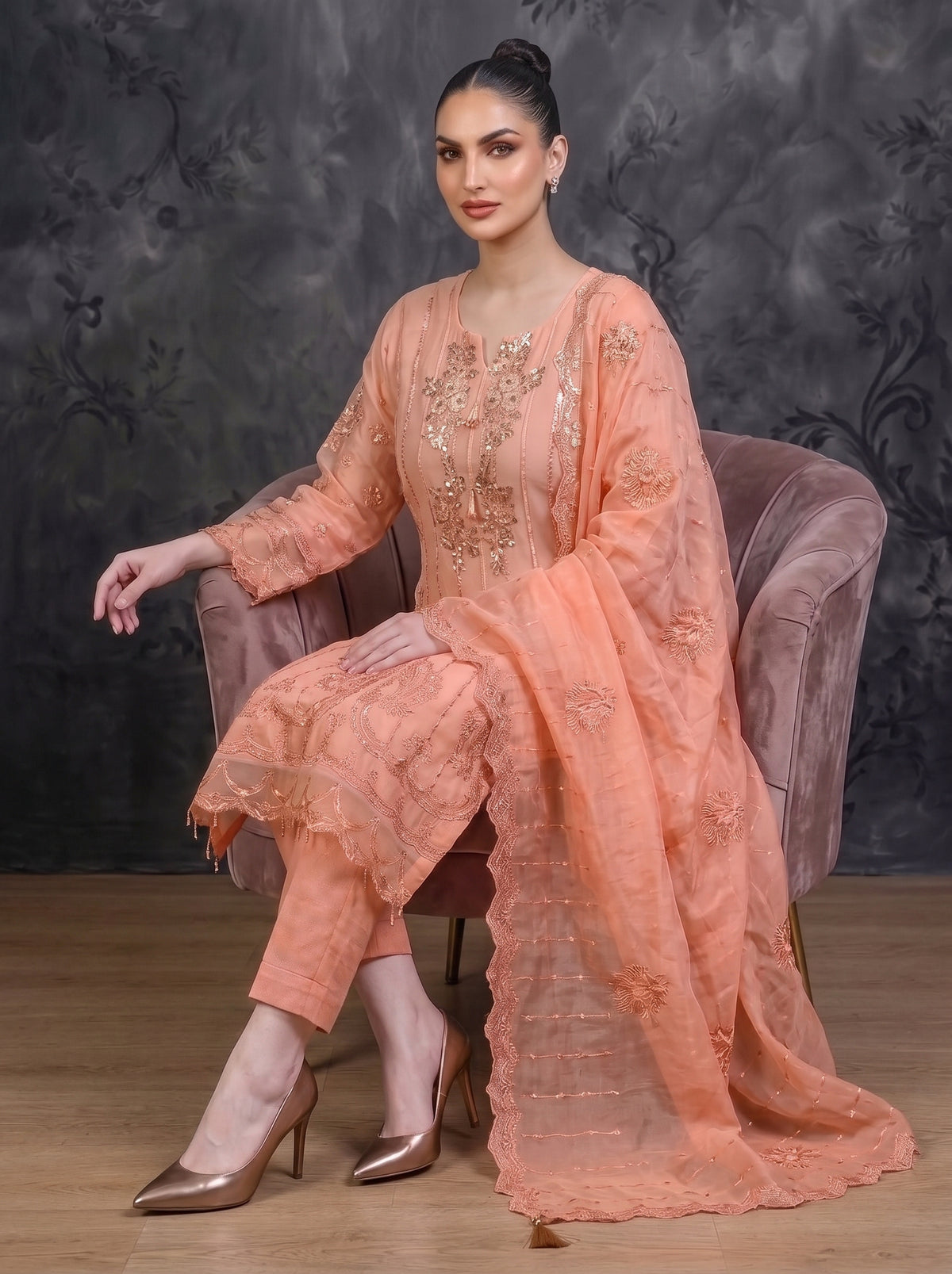 Rosé Élan — Luxury Embroidered Chiffon 3-Piece
