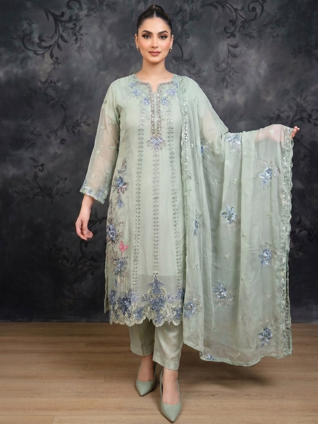 AURELIA — Celestial Embroidered Chiffon 3-Piece Ensemble