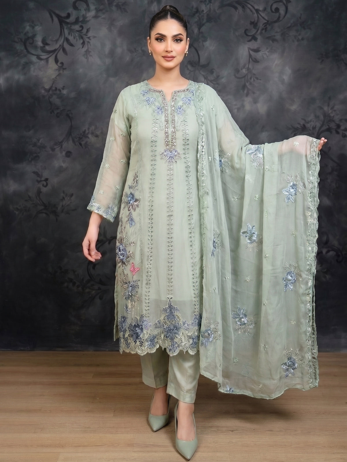 AURELIA — Celestial Embroidered Chiffon 3-Piece Ensemble