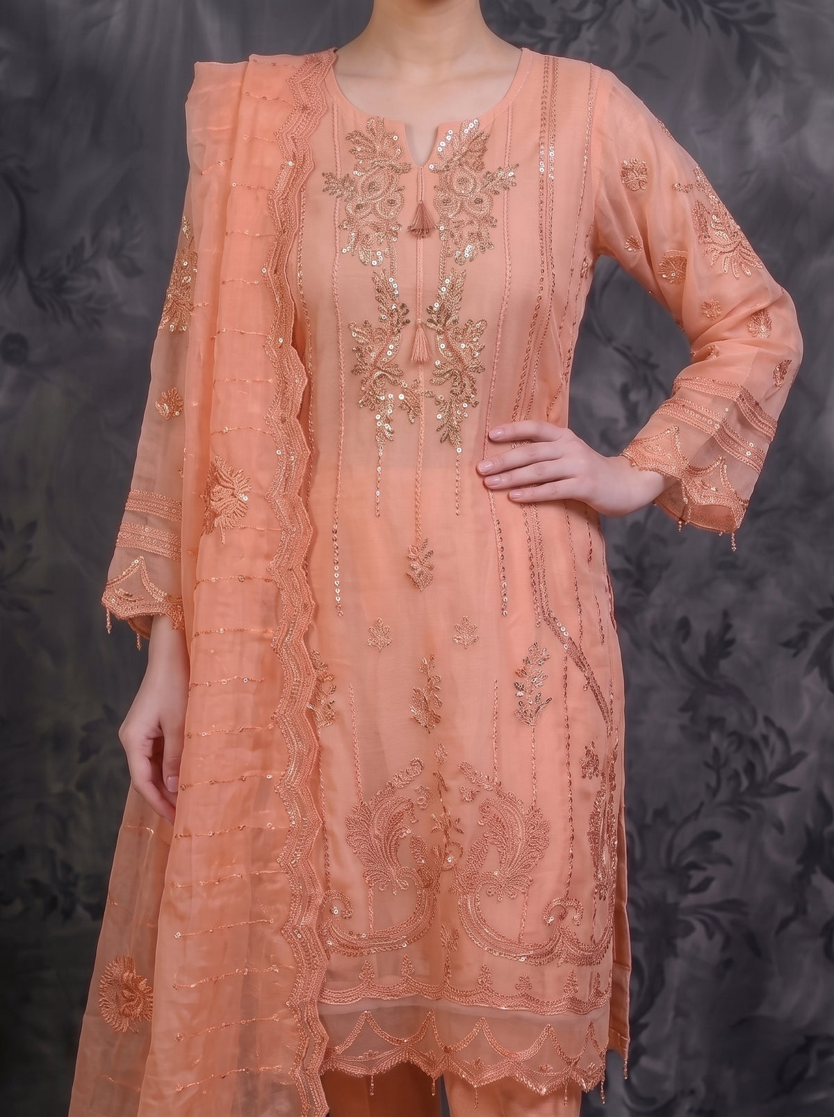 Rosé Élan — Luxury Embroidered Chiffon 3-Piece