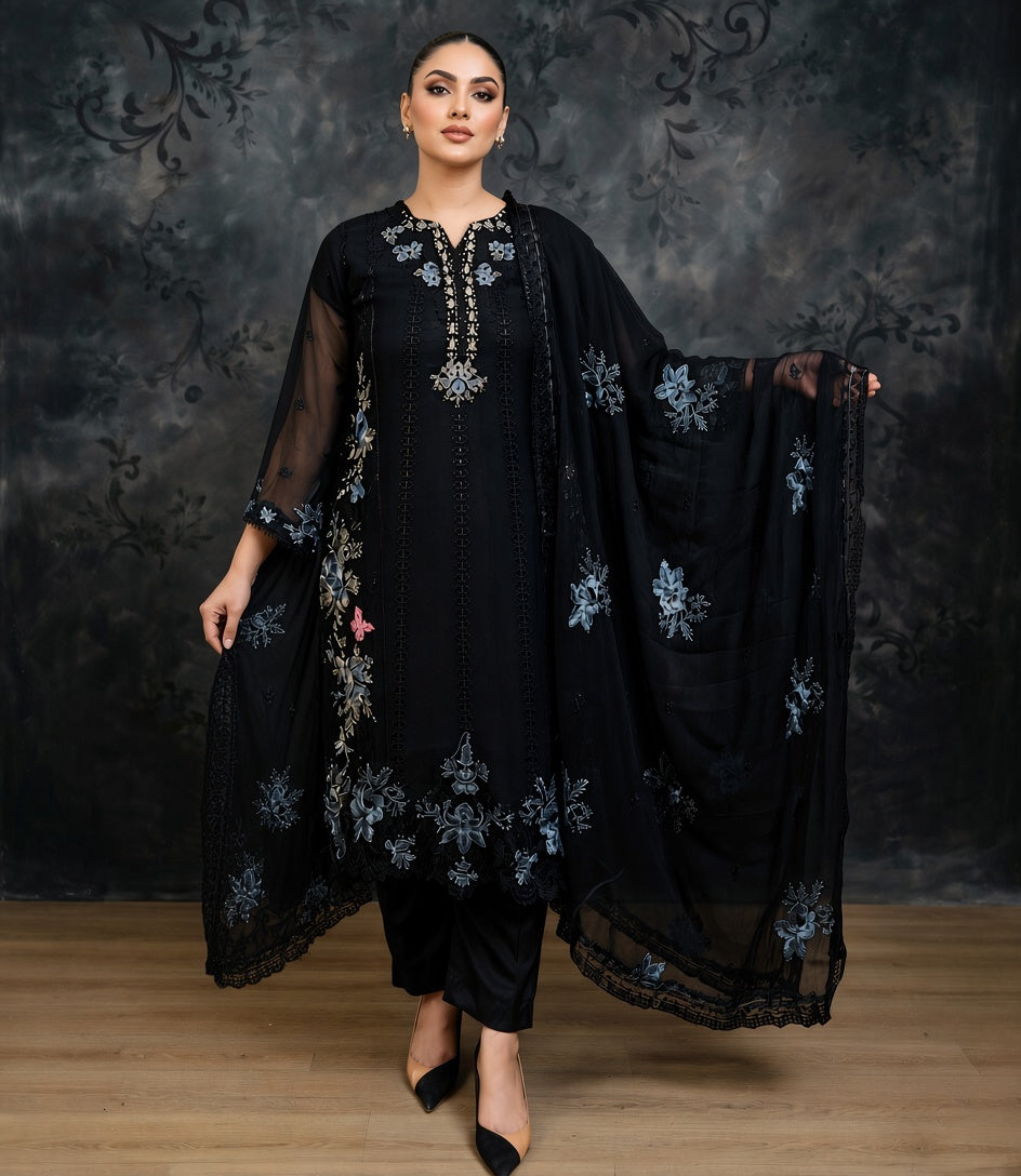 Midnight Royale Black — Luxury Chiffon Embroidered 3-Piece Suit