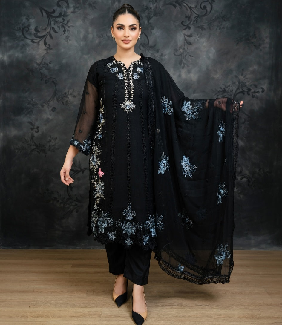 Midnight Royale Black — Luxury Chiffon Embroidered 3-Piece Suit